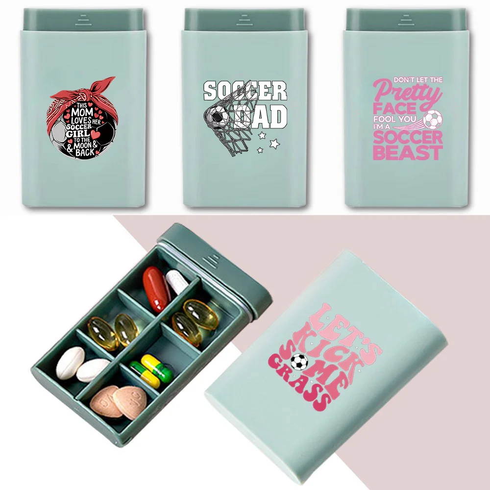 Pocket Sized Sliding Pill Case Multi Compartment Daily Medicine Holder Lightweight Supplement Storage Box Soccer Text Pattern