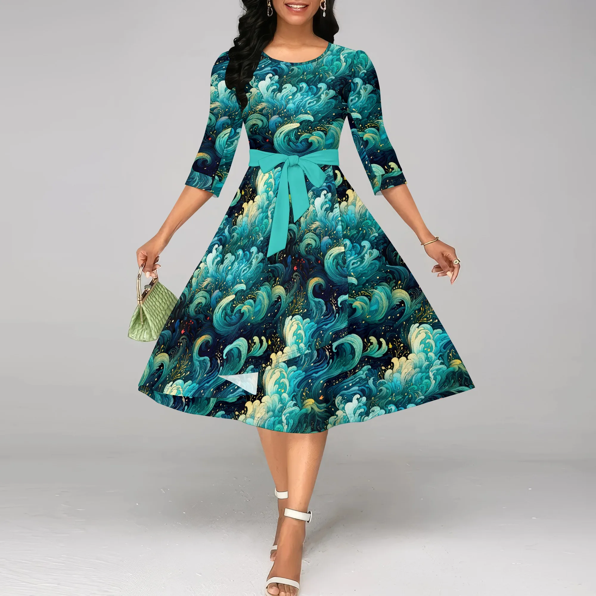 

Nupusa Teal Wave Print Dress for Women Regular Size Summer Casual Round Neck 3/4 Sleeve Belted Midi Dress