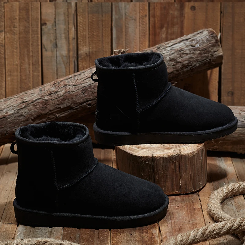 KZZO Size 37-48 Australia Classic Real Sheepskin Suede Leather Men Sheep Wool Fur Lined Winter Short Ankle Snow Boots Grey Shoes