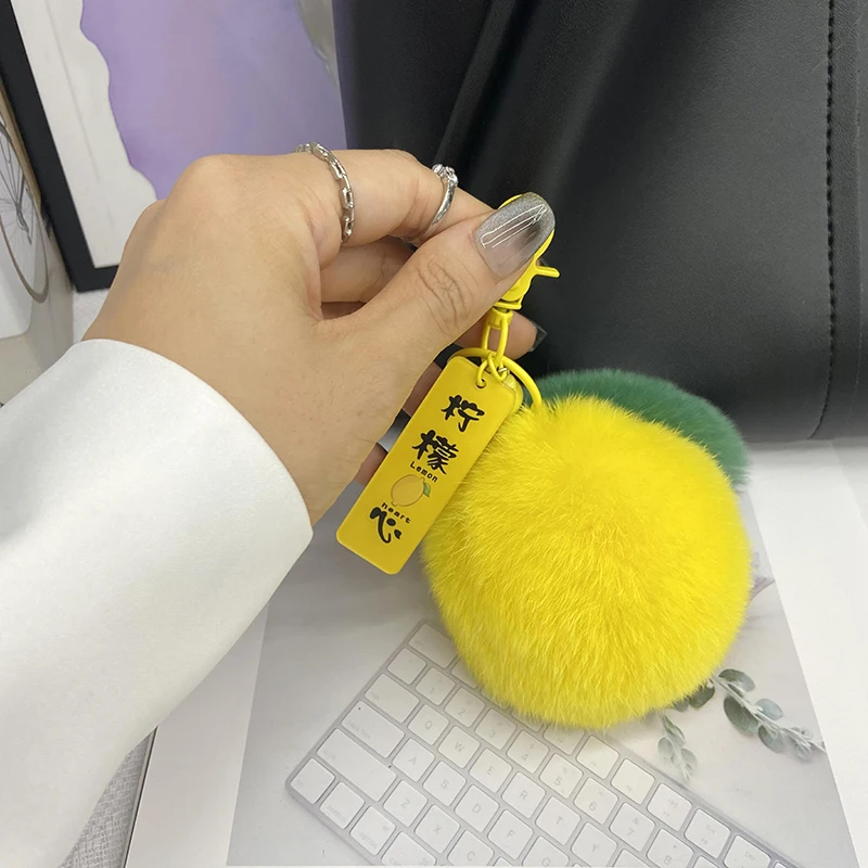 New Lemon Keychain Accessories 100% Natural Rex Rabbit Hair Pendants Ladies Plush Bag Pendants Men\'s Cars Cute Wome Key Holder