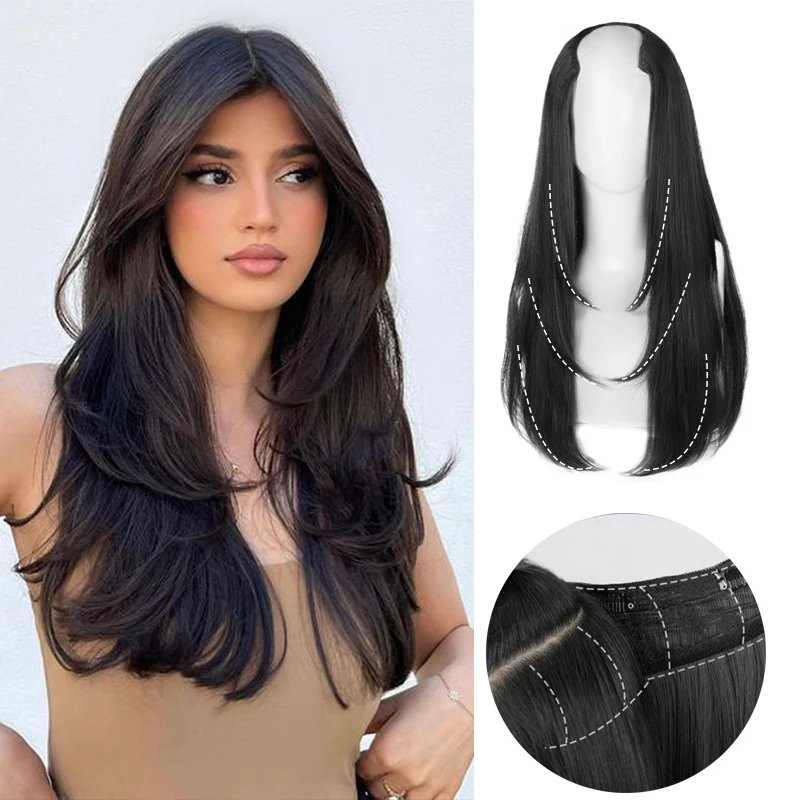 Sylhair Clip in Hair Extensions Synthetic Long Layered Straight V-Shaped invisibility Hairpiece One Piece with 4 Clips for Women