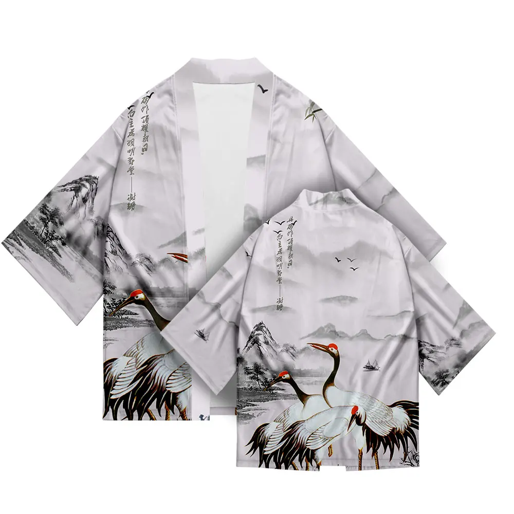 Different Crane Printing Patterns Casual and Comfortable Kimono Cardigan Summer Beach Sunscreen Suit for Men and Women