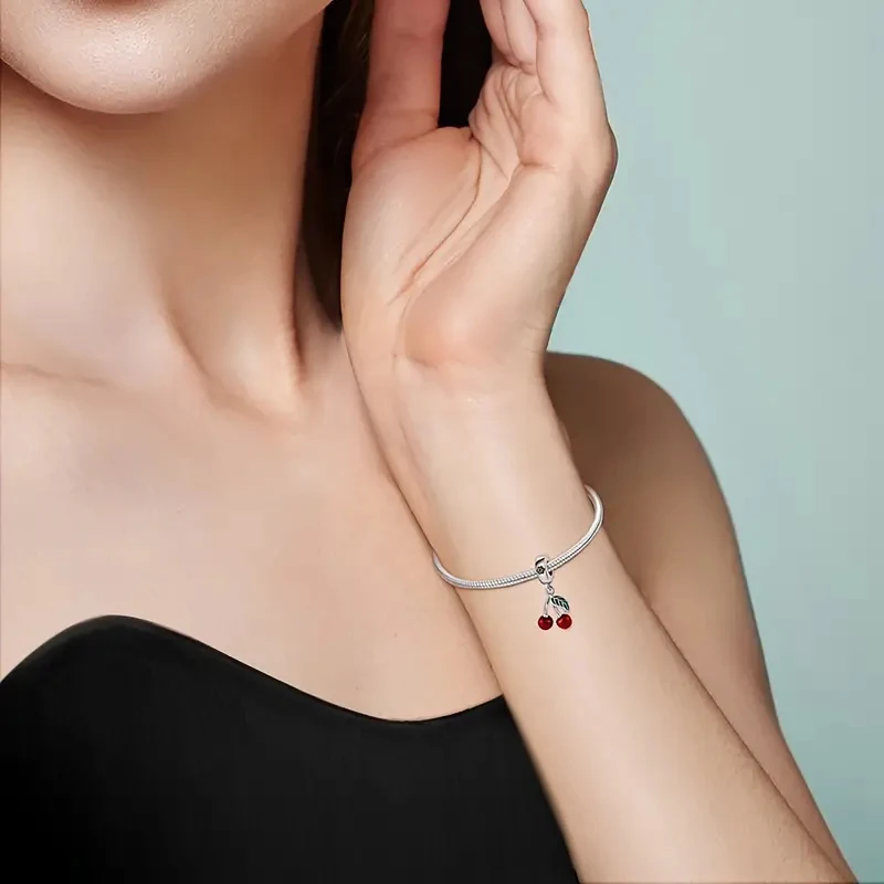 Cuentas de esmalte rojo con forma de cereza y fruta, adecuadas para pulsera, collar, llavero, cuentas de plata 925 para mujer, joyería DIY, regalo exquisito