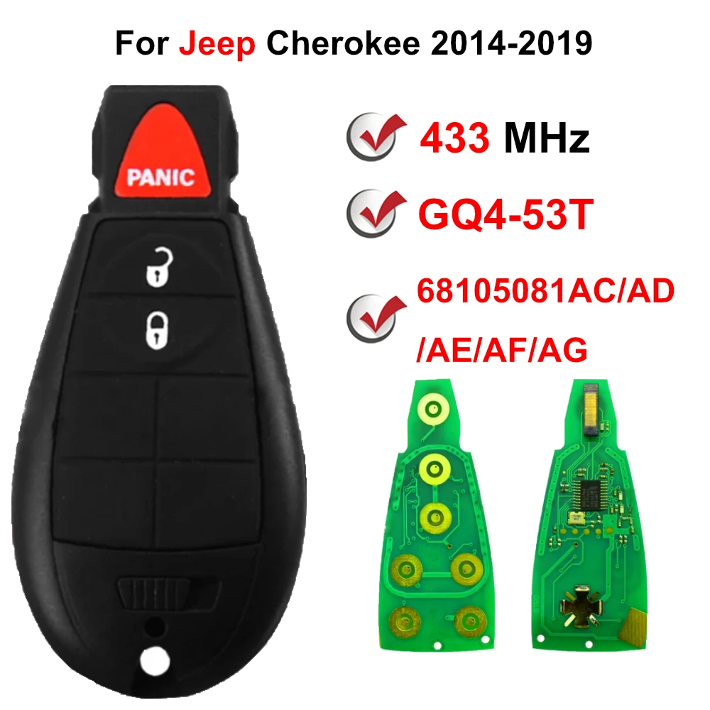 GQ4-53T P/N 68105081   Chave remota fobik com chip AC/AD/AF/AG 433MHz 7961M 4A para Jeep Cherokee 2014 2015 2015 2017 2018 2019