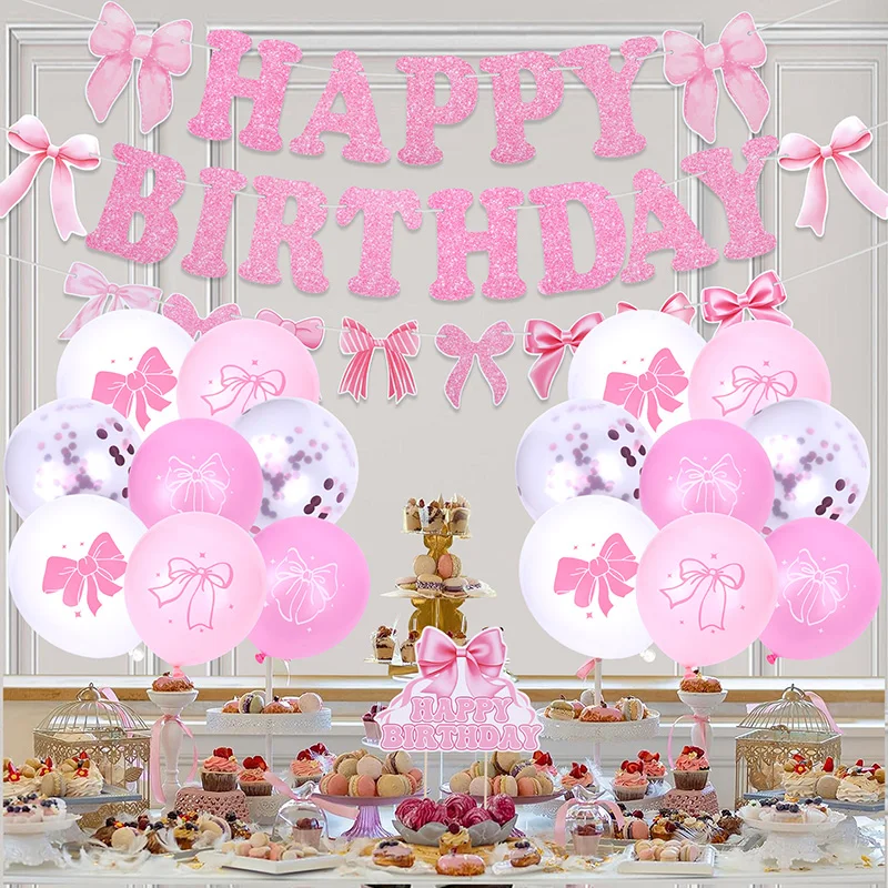 

Birthday Party Pink Decoration Set Birthday Banner Bow Paper Skewer Cake Topper Latex Glitter Balloon Party Baby Shower Supplies