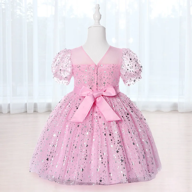 Summer 2023 Dresses For Girls Kids Baby Ruffle Lace Pageant Party Wedding Sequin Sparkling Tulle Dress Short Sleeve Princess