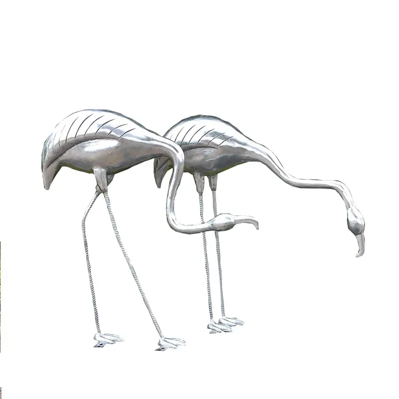 Outdoor Silver Flamingo Ornament FRP Abstract Animal Sculpture Decorations