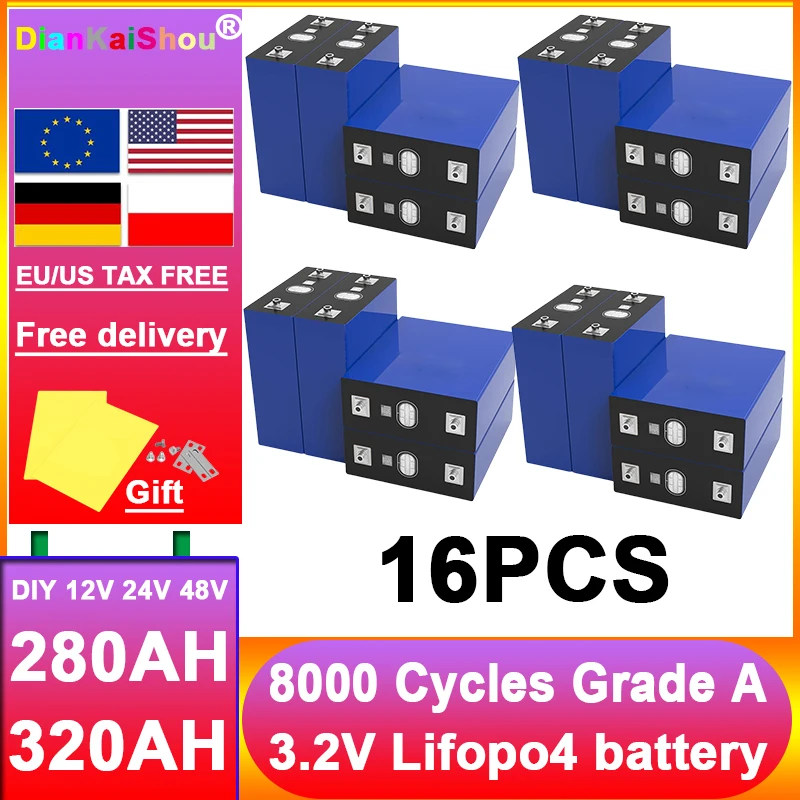 

New 16pcs 320Ah 280Ah LiFePO4 Battery 3.2V Grade A Rechargeable Lithium Iron Phosphate Cell DIY 12V 24V 48V RV EV Vans Golf Cart