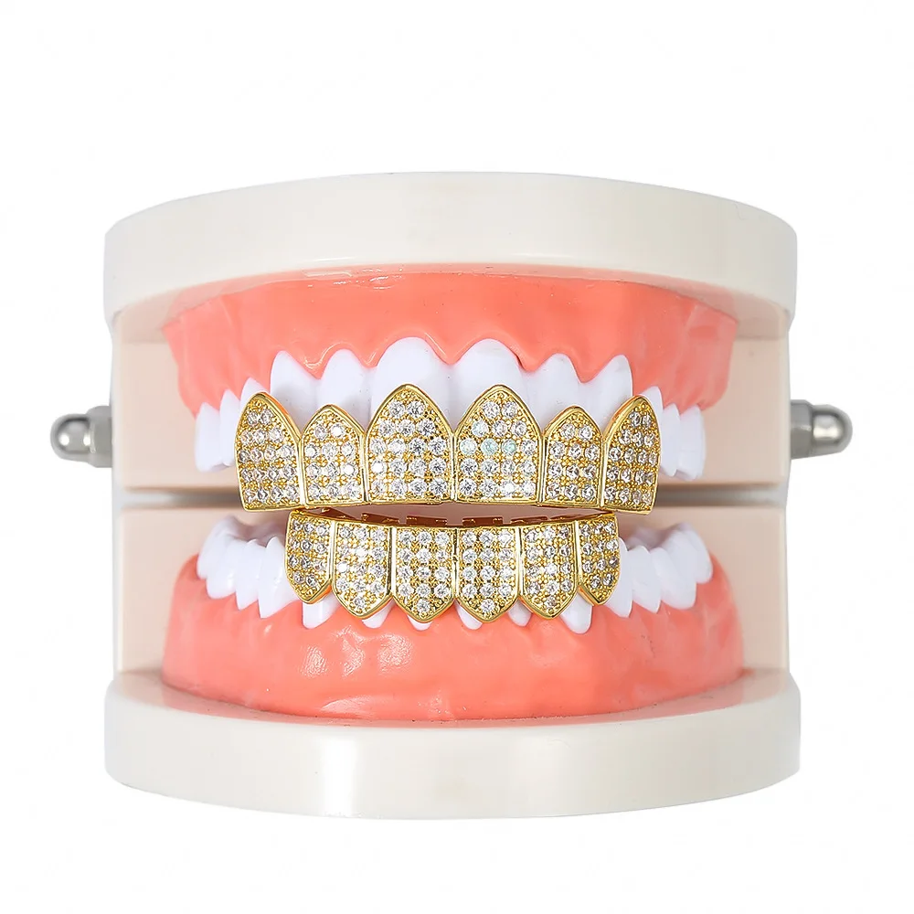 Iced Out Cubic Zirconia Grillz Brace Punk 6/6 Top Bottom Dental Mouth Fang Grills Vampire Tooth Cap Cosplay Jewelry Gifts