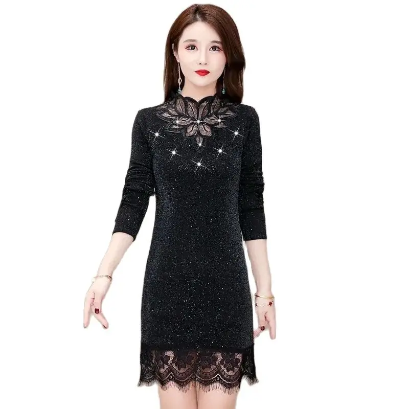 

Fashion Lace Dress Slim Women's Knitted Pullover 2022 Autumn Winter New Long Sleeve Thick Warm Mesh Mid-length Bottoming Shirt