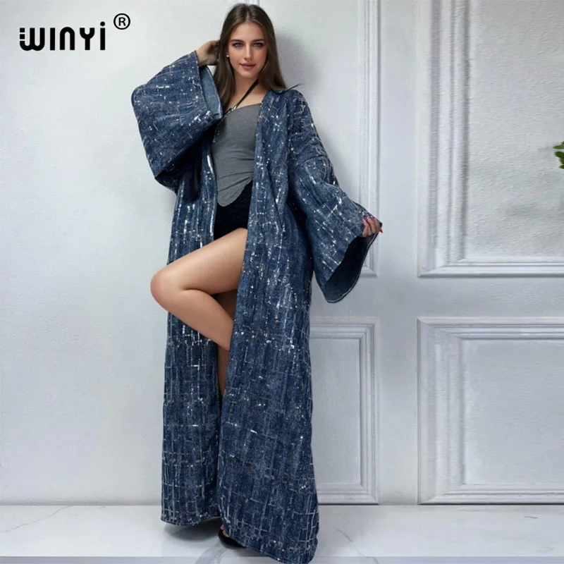 WINYI new Sequined denim cardigan Women long down coat Loose Dress elegant Party maxi Holiday Swimming Cover Up fashion Kimono