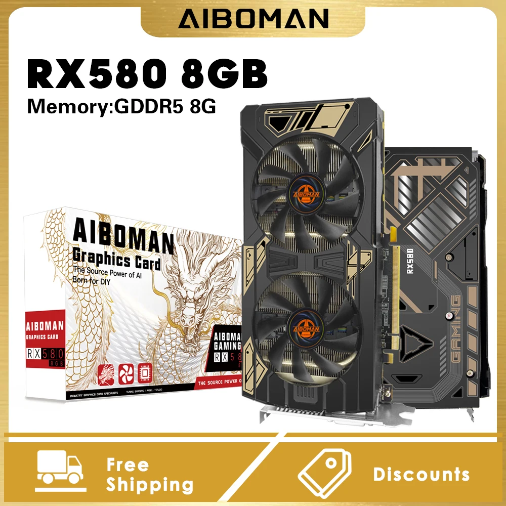 Placa de Vídeo AIBOMAN RX580 8GB GDDR5 8Pin 185W 256Bit 2048SP HDMI DP DVI Radeon AMD VGA