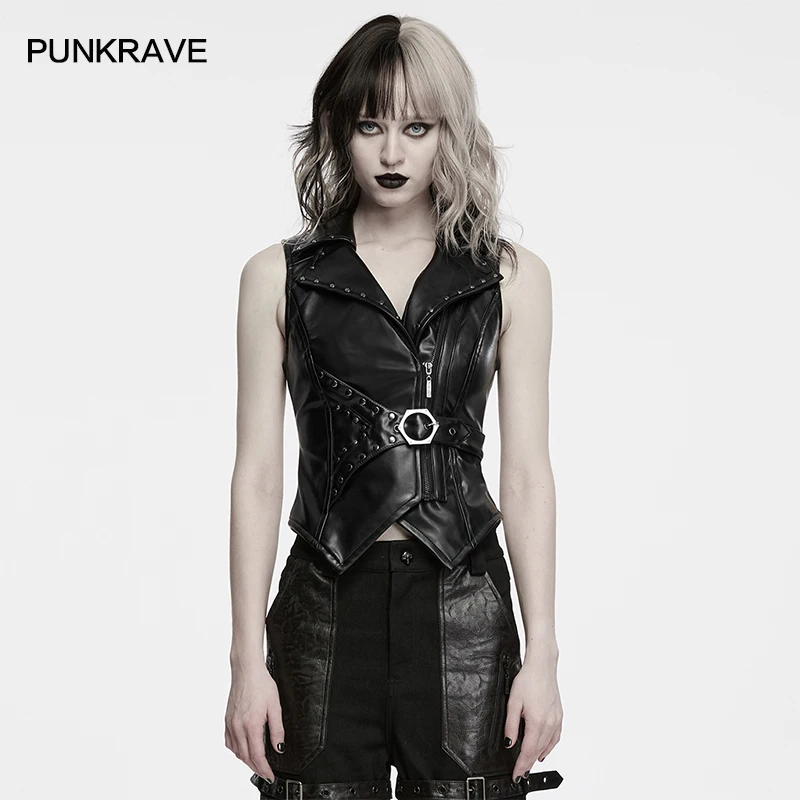 PUNK RAVE Women's Punk Asymmetrical Faux Leather Vest Waist Paired Triangular Cut Hardcore Cool Handsome Club Top