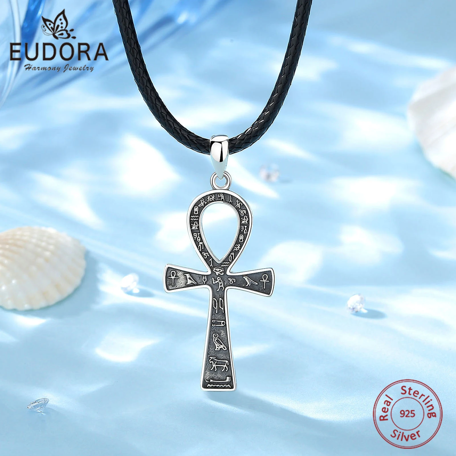 Eudora 925 Sterling Silver Ancient Egyptian Cross Necklace for Women Man Fine Ankh Cross Amulet Pendant Personality Jewelry Gift