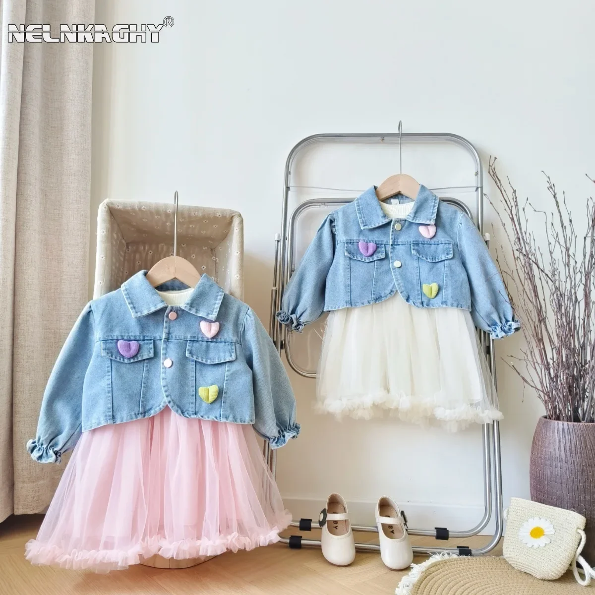 Spring Autumn Girls\' dresses Set: Infant Toddler Mesh Butterfly Bow Dress + Denim Lapel Jacket 2-Piece Ensemble