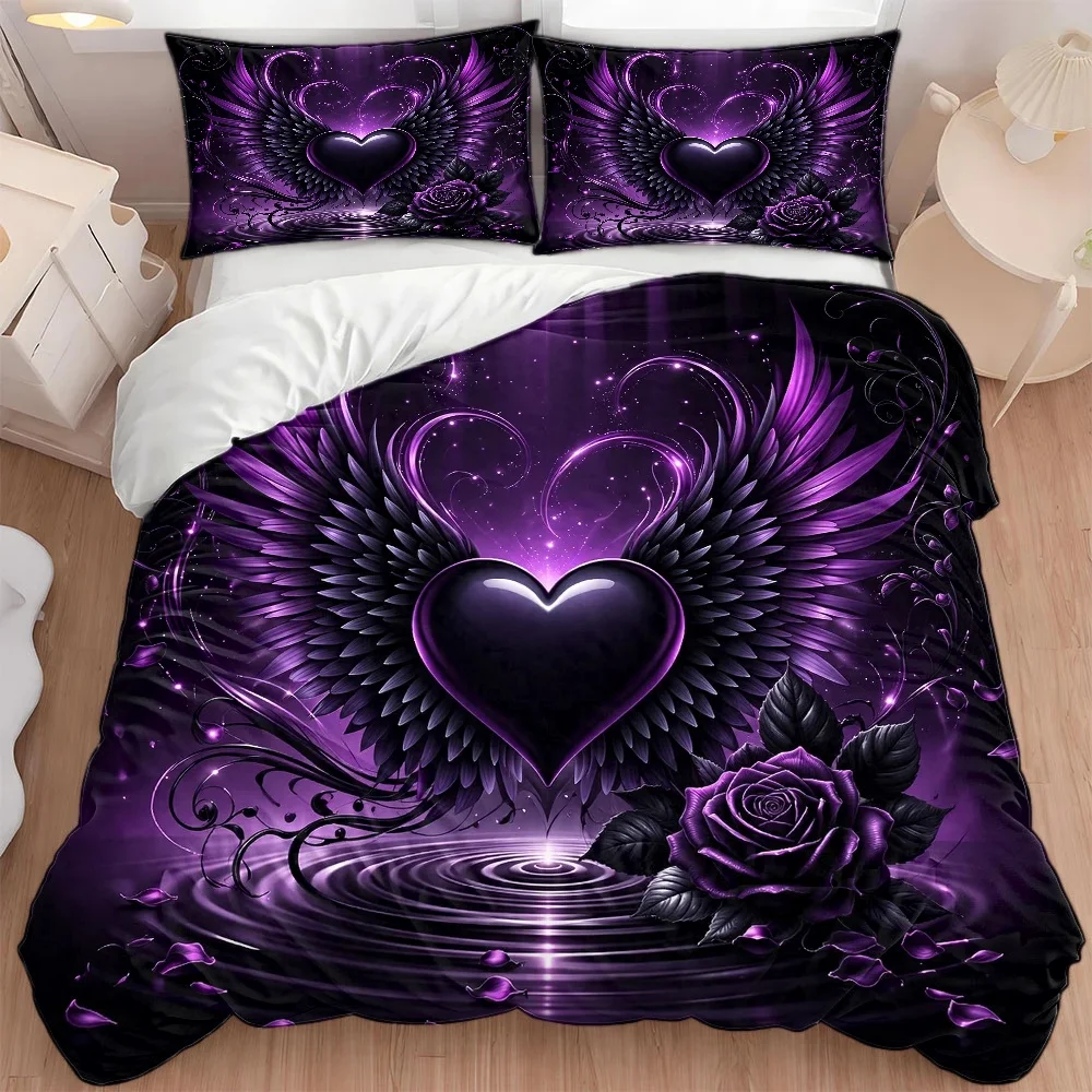 3Pc Purple Heart Wings Rose Duvet Cover Set, Three-Piece Bed Set (1*Duvet Cover + 2*Pillowcases), Suitable for All Seasons, Machine Washable, Invisible Zipper Design, Large Double Bed Cover Set, Suitable for Home, Dormitory, Master Bedroom, Guest Room, Dreamy Purple and Black Bedding Set, Trendy Dark Style Bedding, Personalized Artistic Print Duvet Cover, Comfortable and Skin-Friendly Bedding Set, Hot-Selling Bedroom Bedding, Fashionable Decorative Bedspread, High-Quality Bedding Set