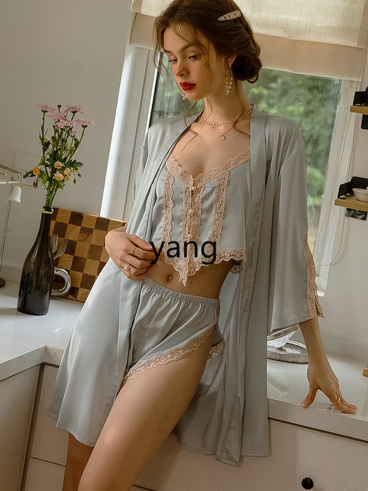 Yjq pajamas women's summer ice silk French suit, high-end small chest sling two-piece set