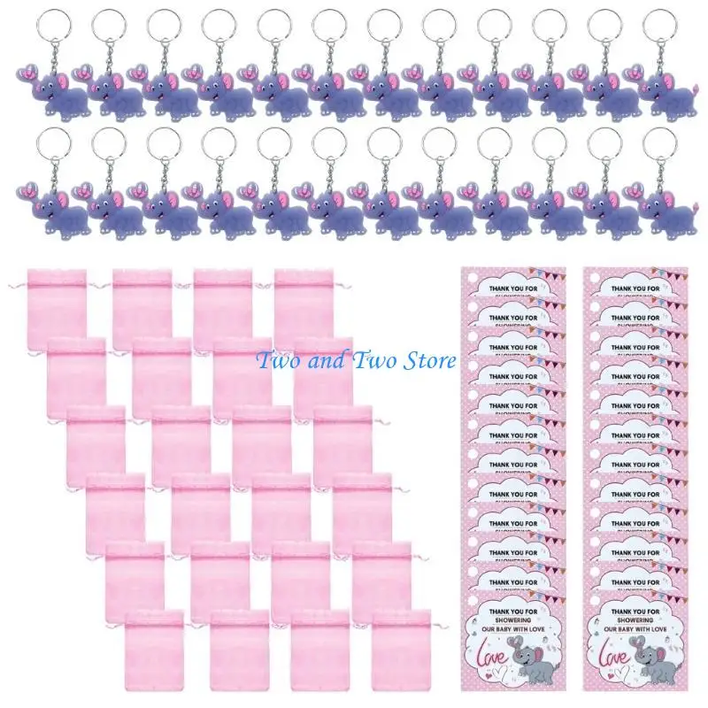 

HX6F 24pcs Elephant Keychains with Organza Bag Kraft Card for Baby Shower Return Animal Theme Party Decorations Wedding Guest