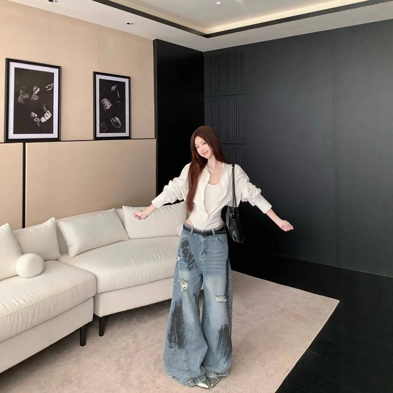   칼라 롱 슬리브 슬림핏 여성용 초가을 허리 조임 파자마 탑 화이트 퓨어 디자이어 스플라이스 바디콘