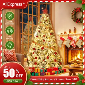 Artificial Flocked Christmas Tree 6ft with 250 Warm White Leds, Hinged Base & On/Off Foot Pedal - Indoor Home/Party Decoration 1