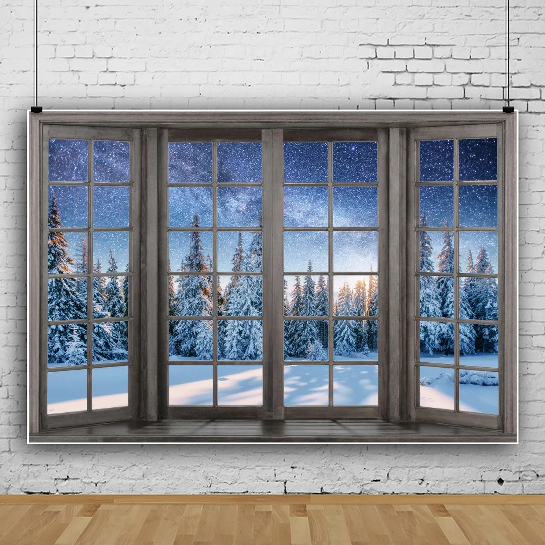 Laeacco зимний пейзаж окно фотография Фон Рождество Снег Деревья Звездный пейзаж ребенок дети день рождения Портрет фон