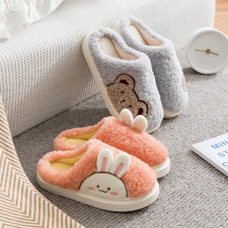 New cotton slippers women autumn and winter couples home indoor non-slip cute cartoon plus velvet warm plush slippers men