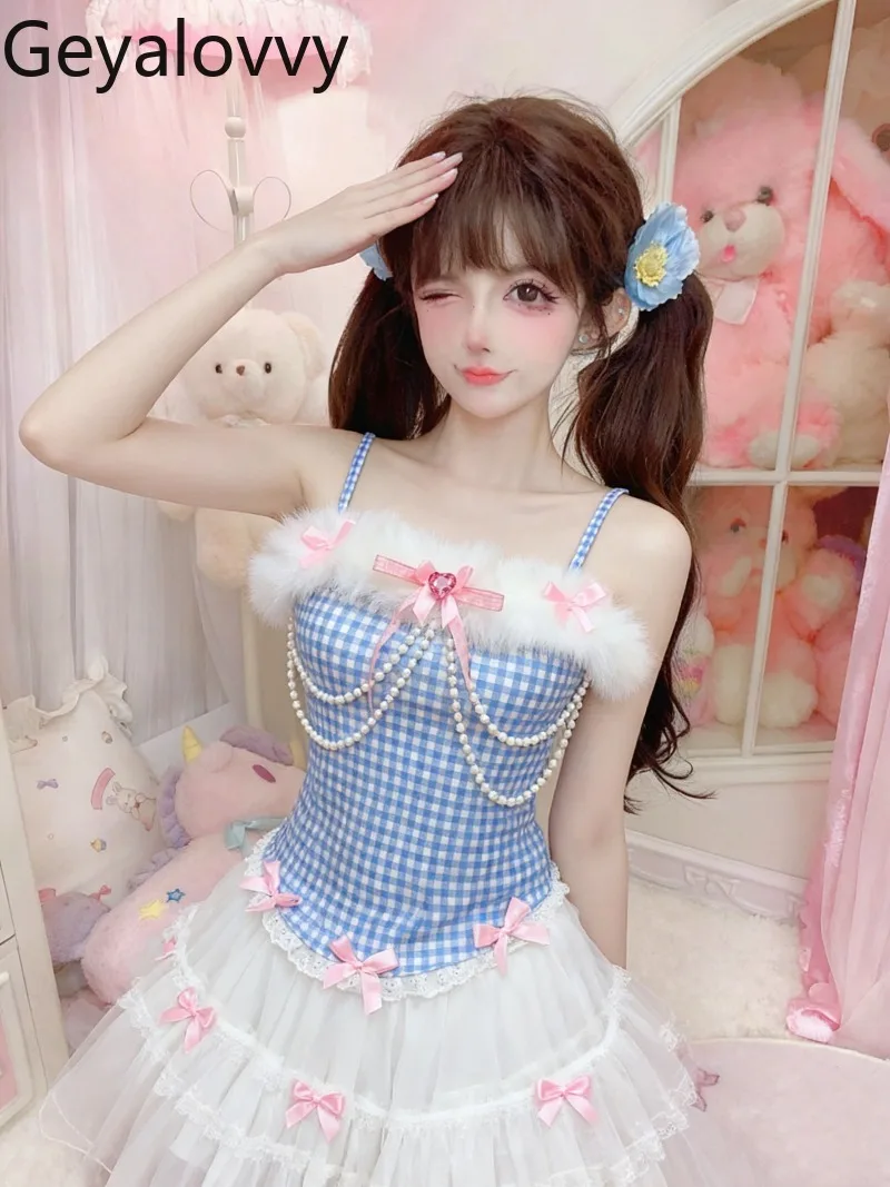 

2026 Spring New Original Sweet Girls Fresh Blue Plaid Vest Versatile Bowknot Slim Fit Outerwear Camisole Inner Crop Tops