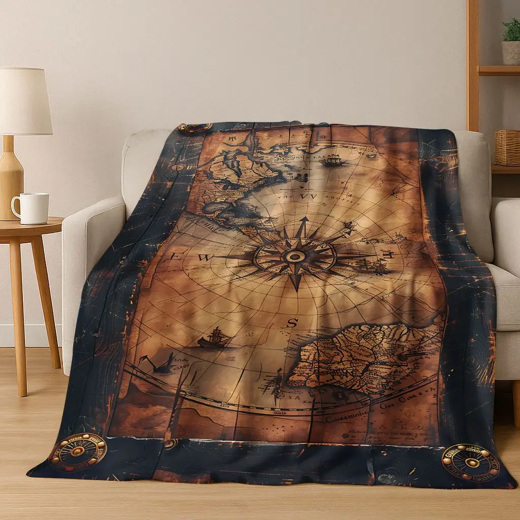 Retro Nautical Map Chart Treasure Map Compass Flannel Blanket,Cozy Soft Throw Blanket for Home Bedroom Bed Sofa Cover Gift Kids