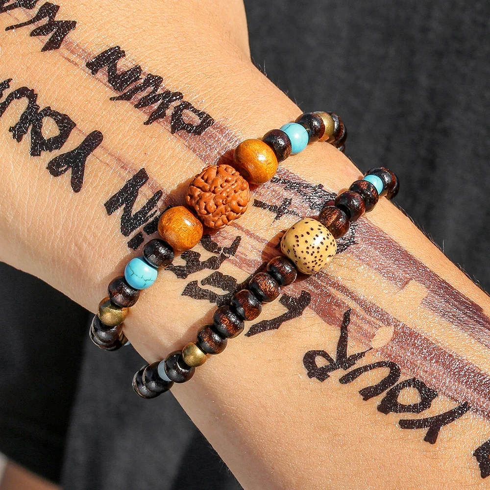 

Classic Retro Double Layer Design Natural Stone Walnut Beads Bangle Bracelet For Men Hand Jewelry Fashion Accessory