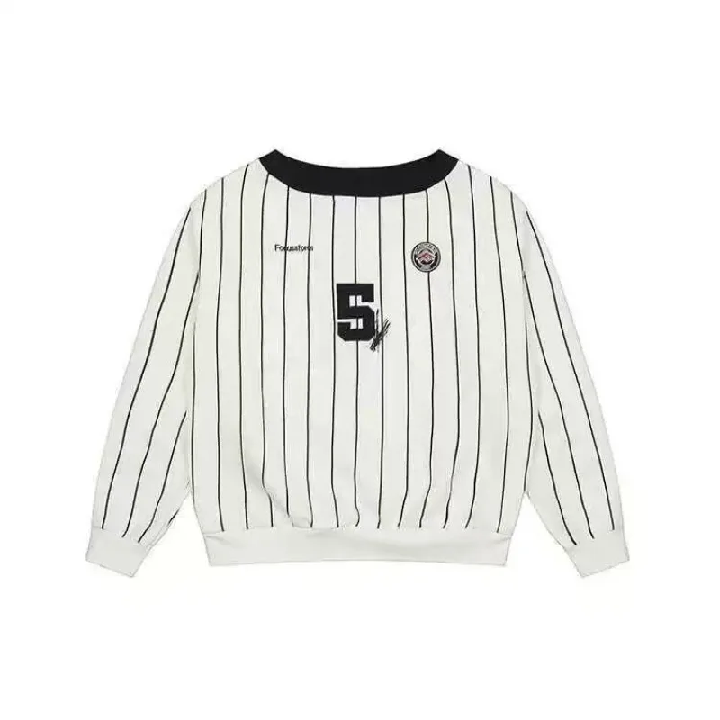 American Retro Spicy Girl Off Shoulder Striped Embroidery Color Blocking Round Neck Long Sleeve Sweat Shirt New Style Women