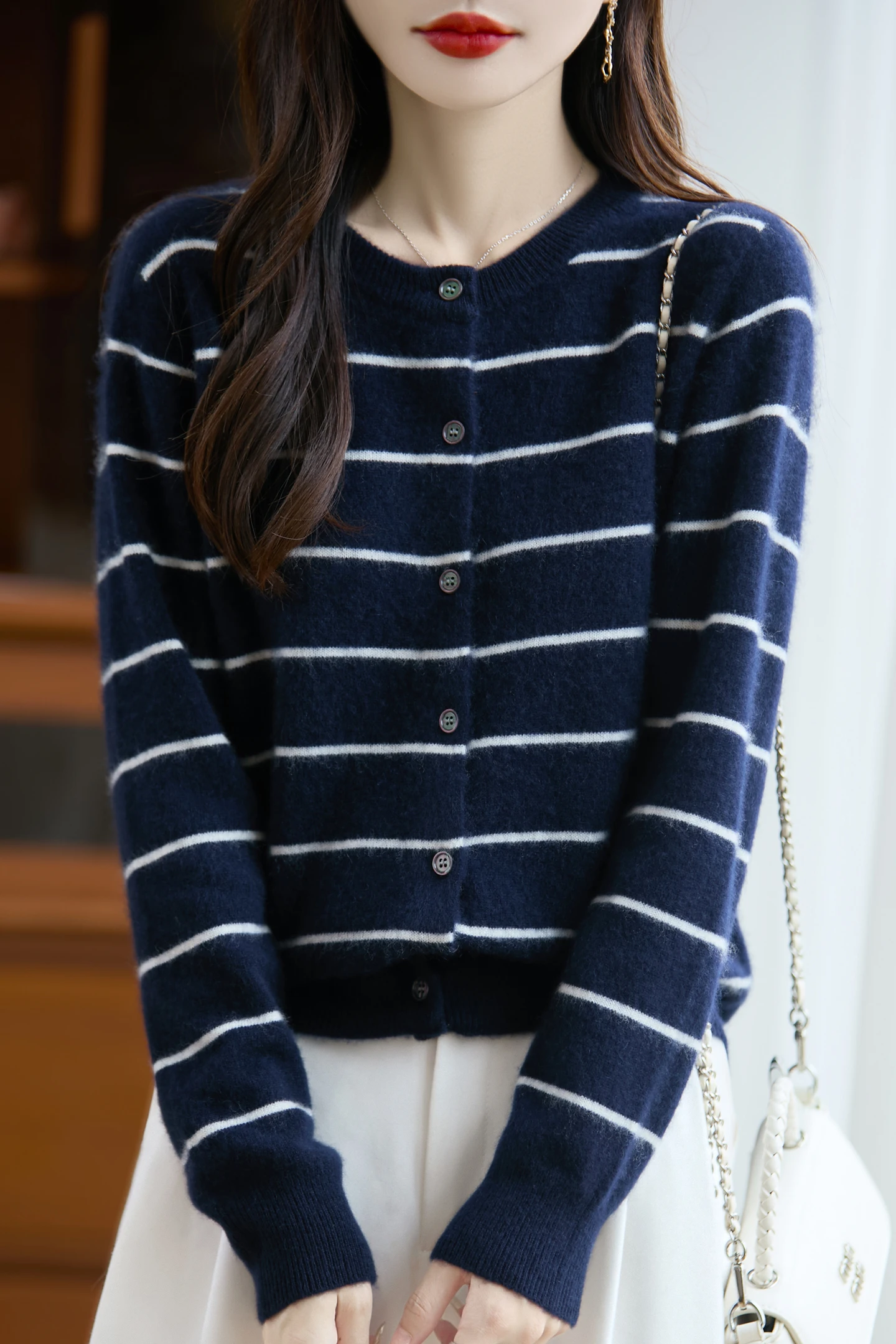 

Новая мода, весна, свитер из 100% мериносовой шерсти, женский кардиган с круглым вырезом, полосатый кашемировый женский костюм, трикотаж, корейские топы