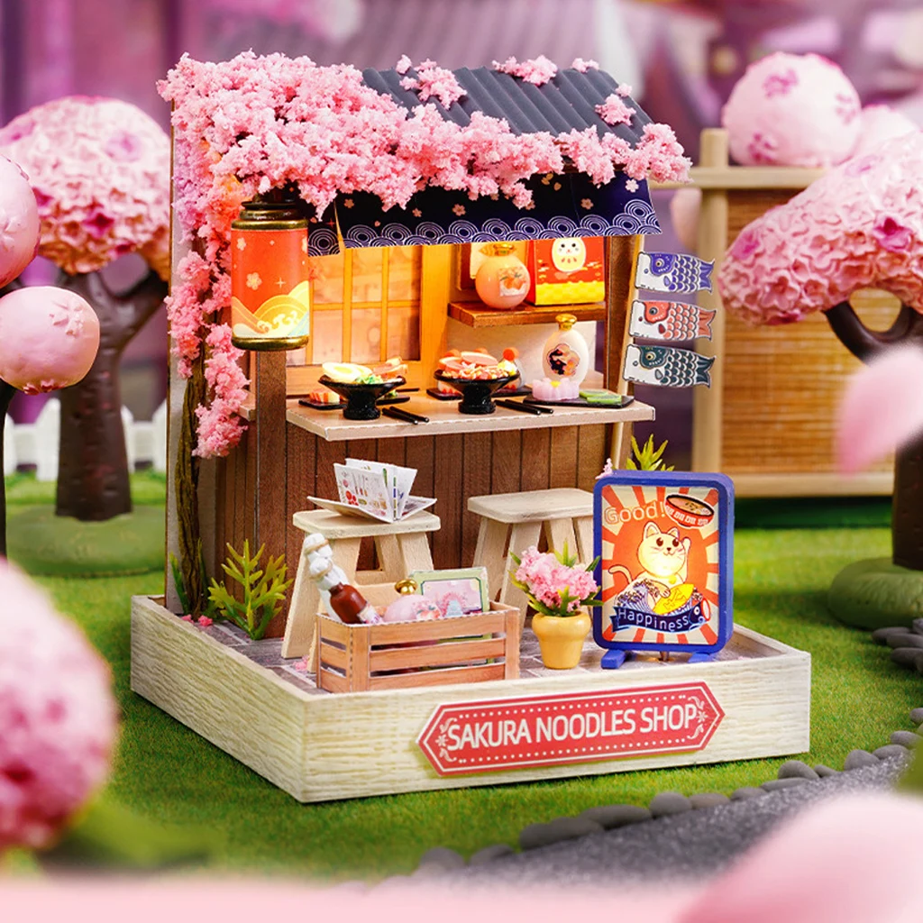 مجموعة نماذج OUZEY ثلاثية الأبعاد خشبية DIY "Sakura Noodle House" - مجموعة مطعم على الطراز الياباني، حرفة كوخ مصغرة #1