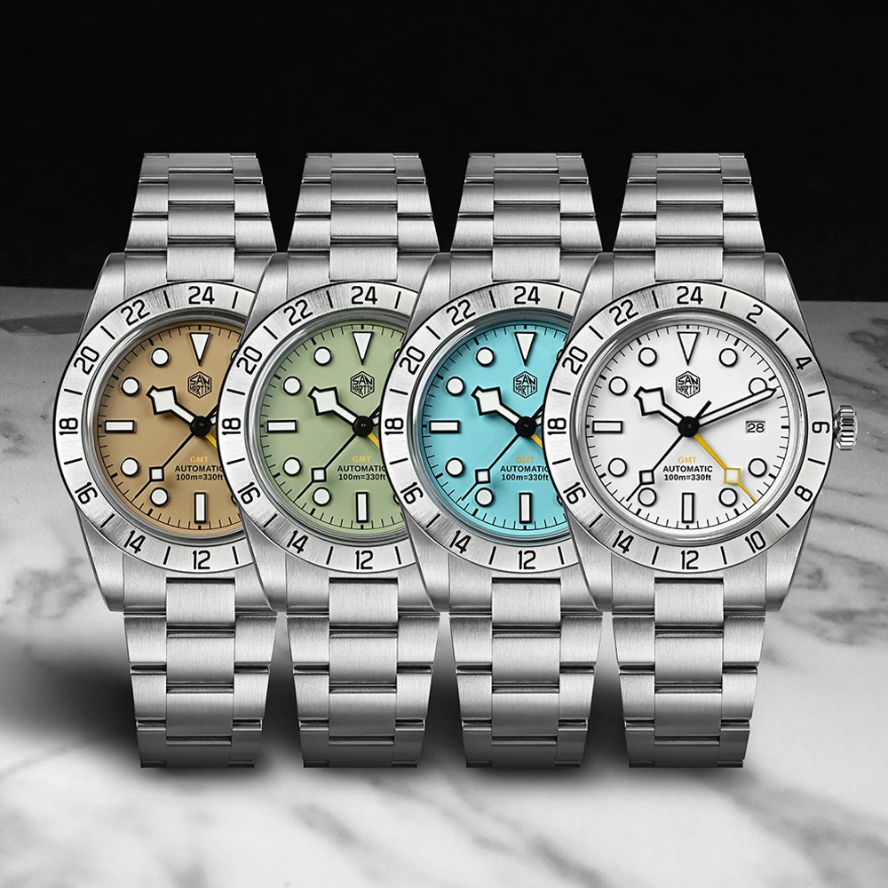 San Martin New 38mm Men GMT Watch HZ6460 Automatic Mechanical Sapphire 316LSS Business Watches 10Bar Waterproof Luminous SN0054