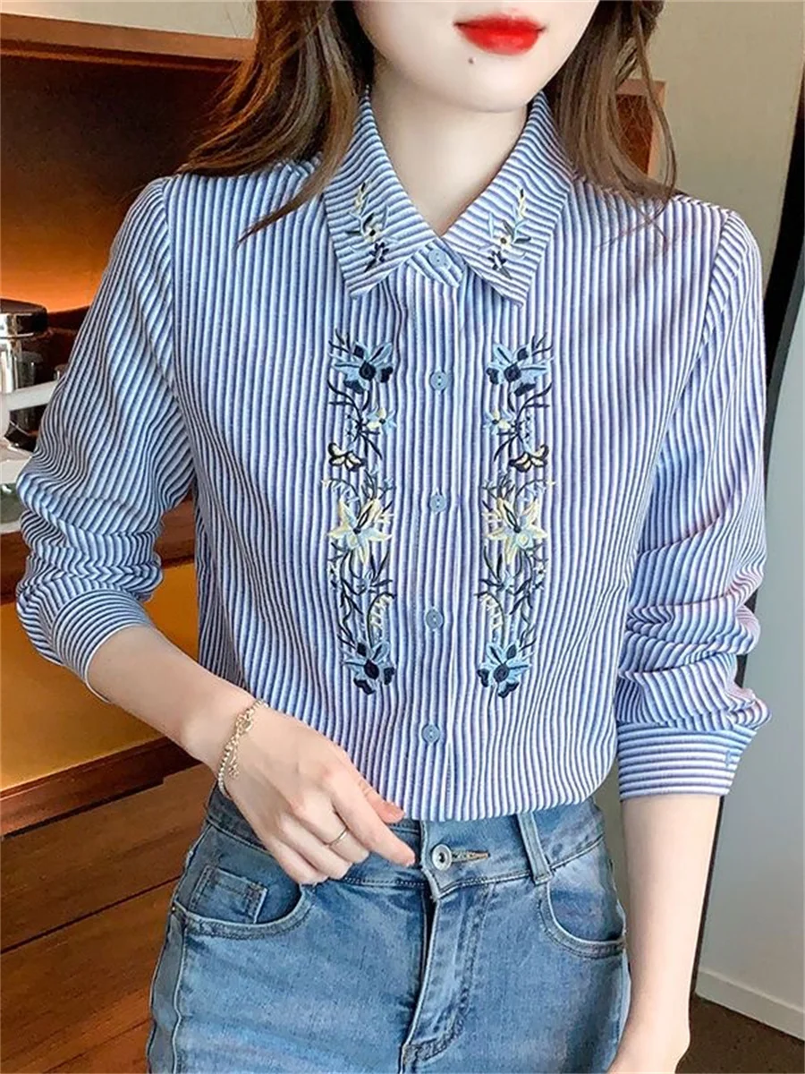 Embroidery Women Spring Autumn Blouses Shirts Lady Casual Long Sleeve Turn-down Collar Striped Printed Blusas Tops DF4781