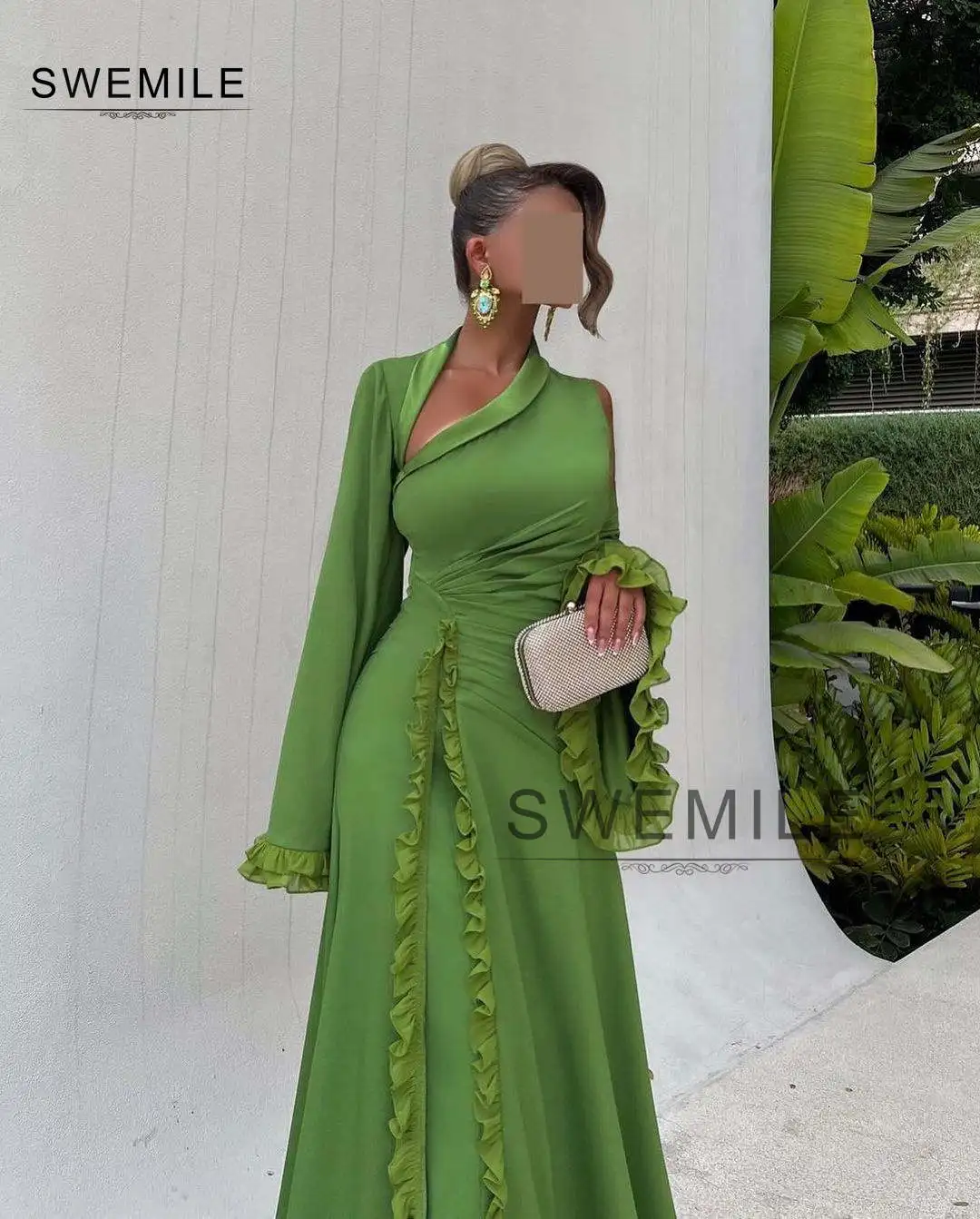 SWEMILE Green A-Line Hollow Out Sweep Train Chiffon Zipper Up Long Sleeves Dresses For Prom Evening Party Dress Vestidos De Fies