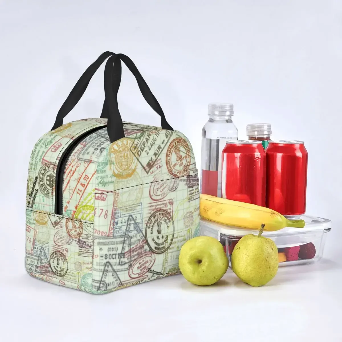 Passport Stamps Travel Lunch Bags Portable Insulated Cooler Vacation Backpacker Tour Thermal Food Work Lunch Box for Women Kids