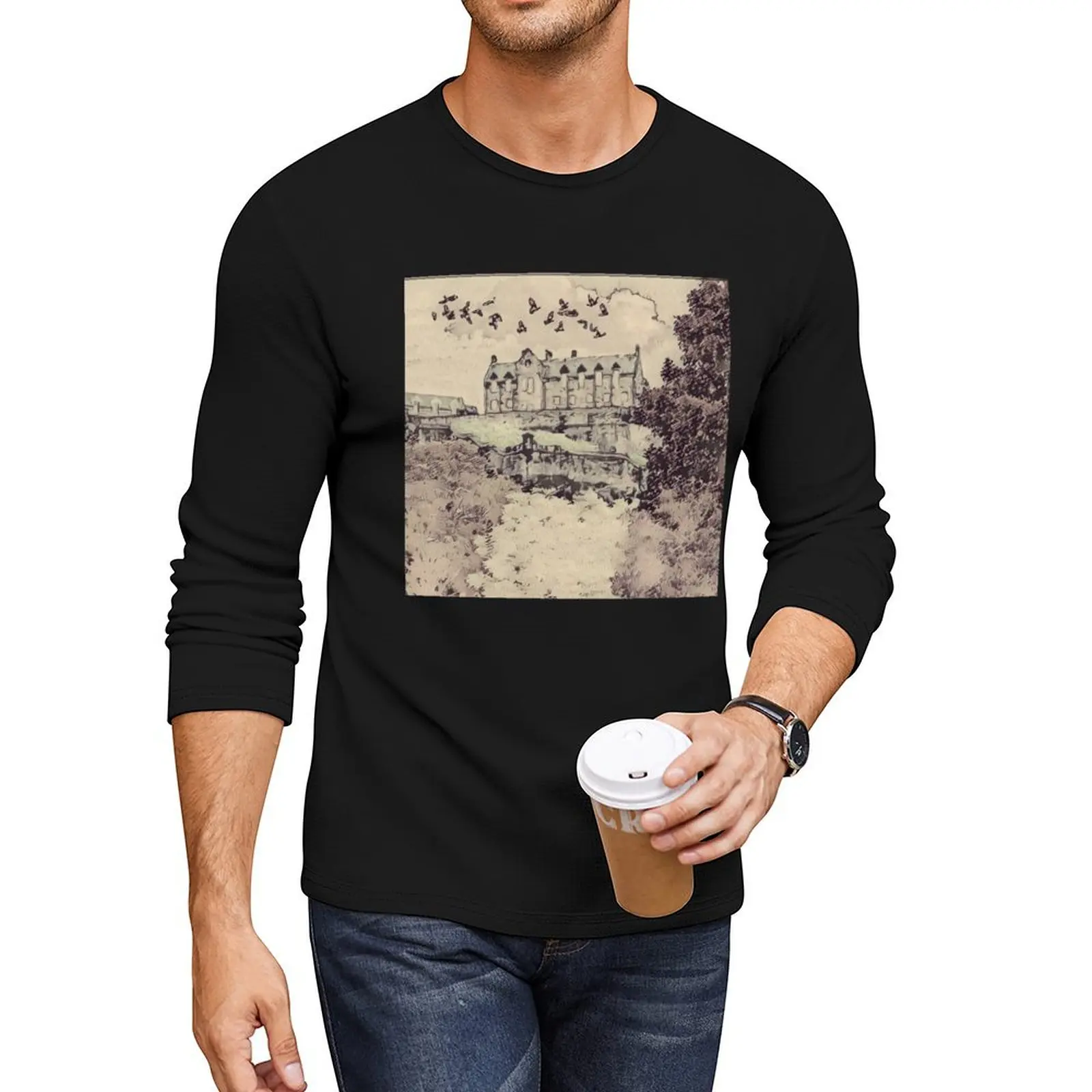 Edinburgh Castle Old Style Sketch Long T-Shirt kawaii clothes custom t shirt men graphic t shirts