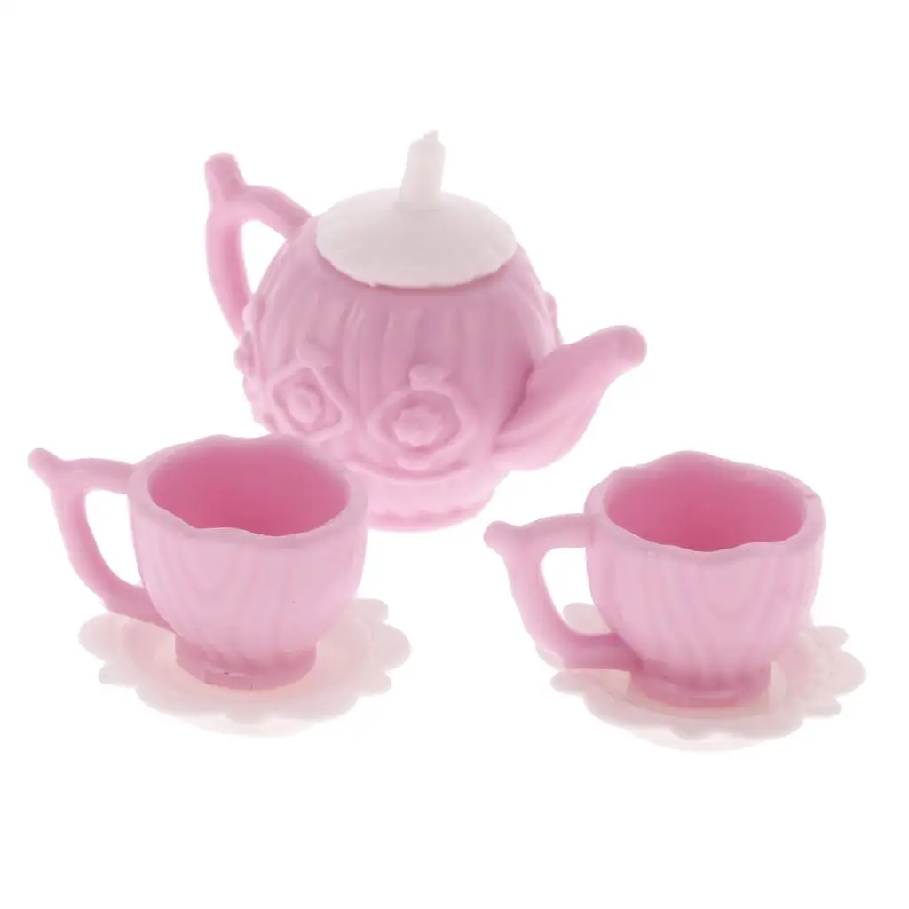 Dollhouse Miniature Plastic Tea Pot, Acessório de Talheres, Rosa, 2 Copos, 10 Conjuntos