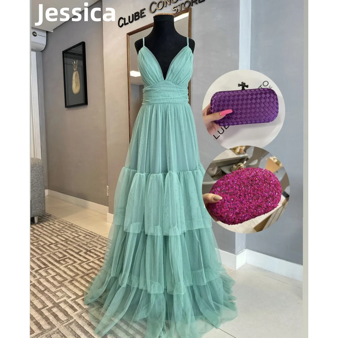 

Jessica Green Prom Dressess Paghetti Straps Tulle Prom Dress 2024Vestidos De Fiesta Spaghetti Straps Tulle Party Dresses