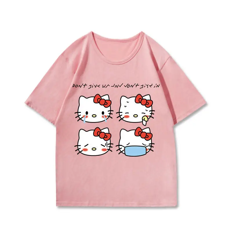 

Новая повседневная детская футболка Sanrio Hello Kitty из чистого хлопка с мультяшным принтом, комплект для родителей и детей, летняя свободная футболка 2026 года