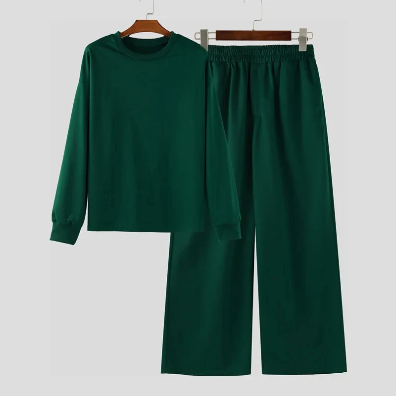Oversize Mens Two Piece Sets Streetwear Vintage Solid Color Loose Tee And Pants Suits Men Spring Autumn Long Sleeve Outfits