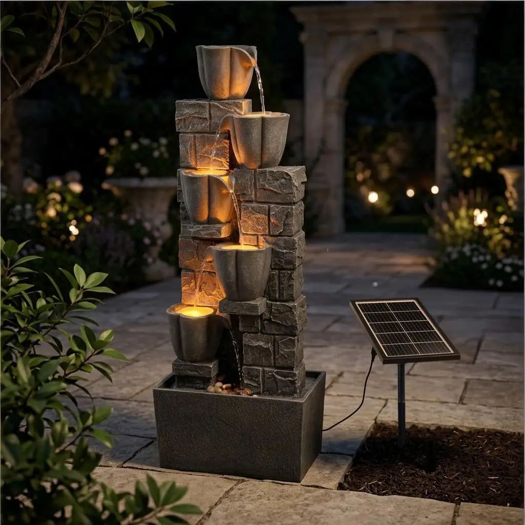 r Powered Water Fountain Outdoor, 38.2 Inch Tall 4 Tiers Tulip Waterfall Fountain with LED Lights, y Decorative Natural