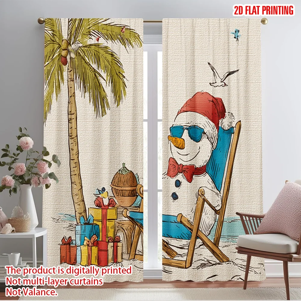 2pcs,2D plane printing Popular Curtain Panels Beach Chair Snowman Polyester (without rod) Art Deco Festive Perfect for Bedroom &
