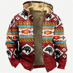 3D Men's Winter Vintage Red Parkas Long Sleeve Tribal Pattern Warm Jacket for Men/Women Thick Streetwear Clothing