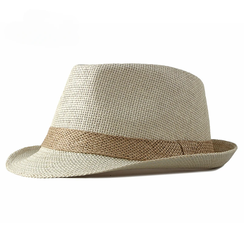 Simple Solid Jazz Hat Men Outdoor Beach Women Straw Woven Stripe Sunshade Hat Casual Buckle Beach Sun Fedoras Panama Cap 5