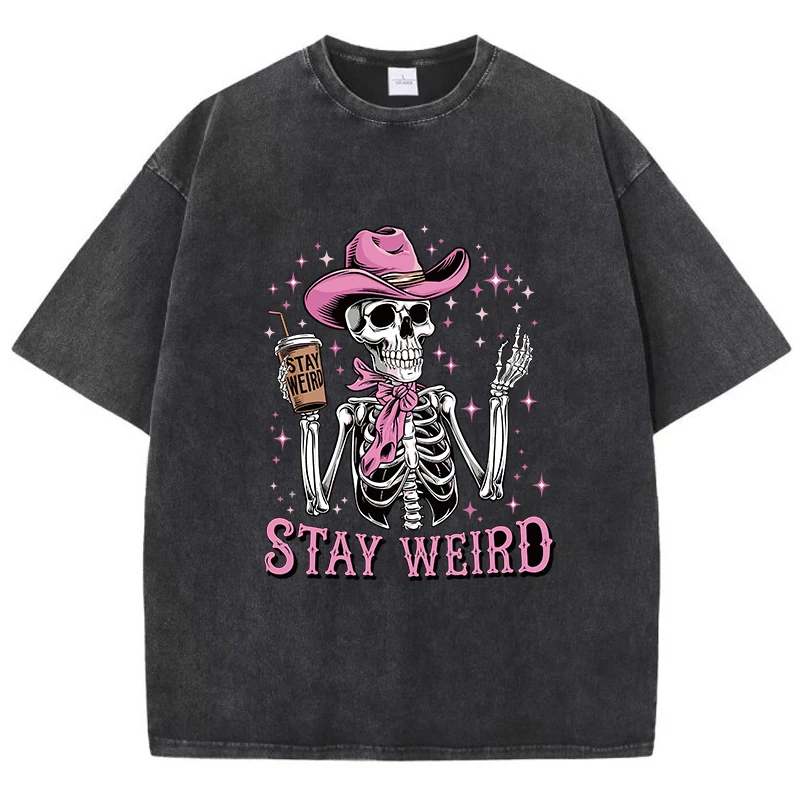 Stay Weird Printing Men Washed Short T-Shirt 100% Cotton Summer Loose T-shirts Retro Simplicity Casual Tee-Shirt For Man