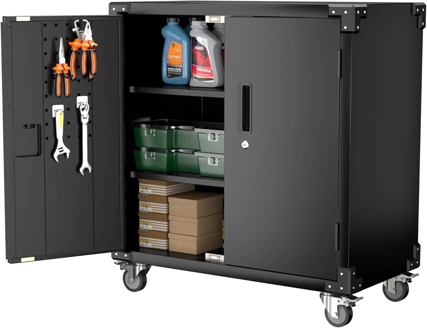 Garage Storage Cabinet, 2 Door Tool cabinets on Wheels, Locking Steel Storage Cabinet with 2 Adjustable S