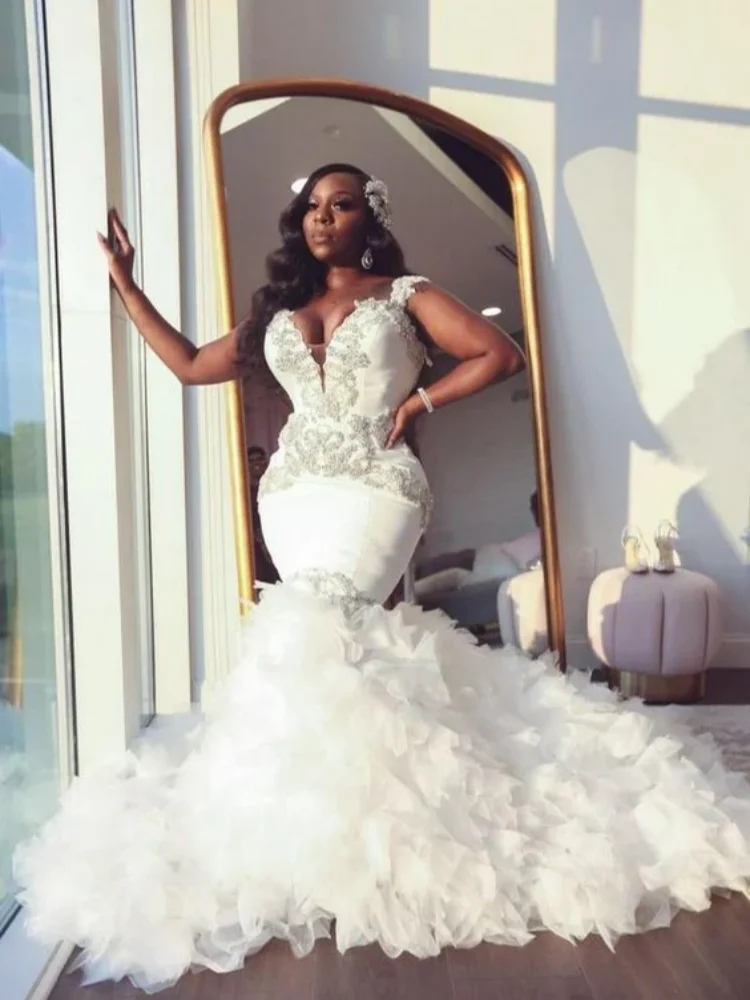 Custom 2025 Women's Fish Tail Gown V-Neck Sequin Satin Pleated Lace Edge Wedding Dress for African American Ladies