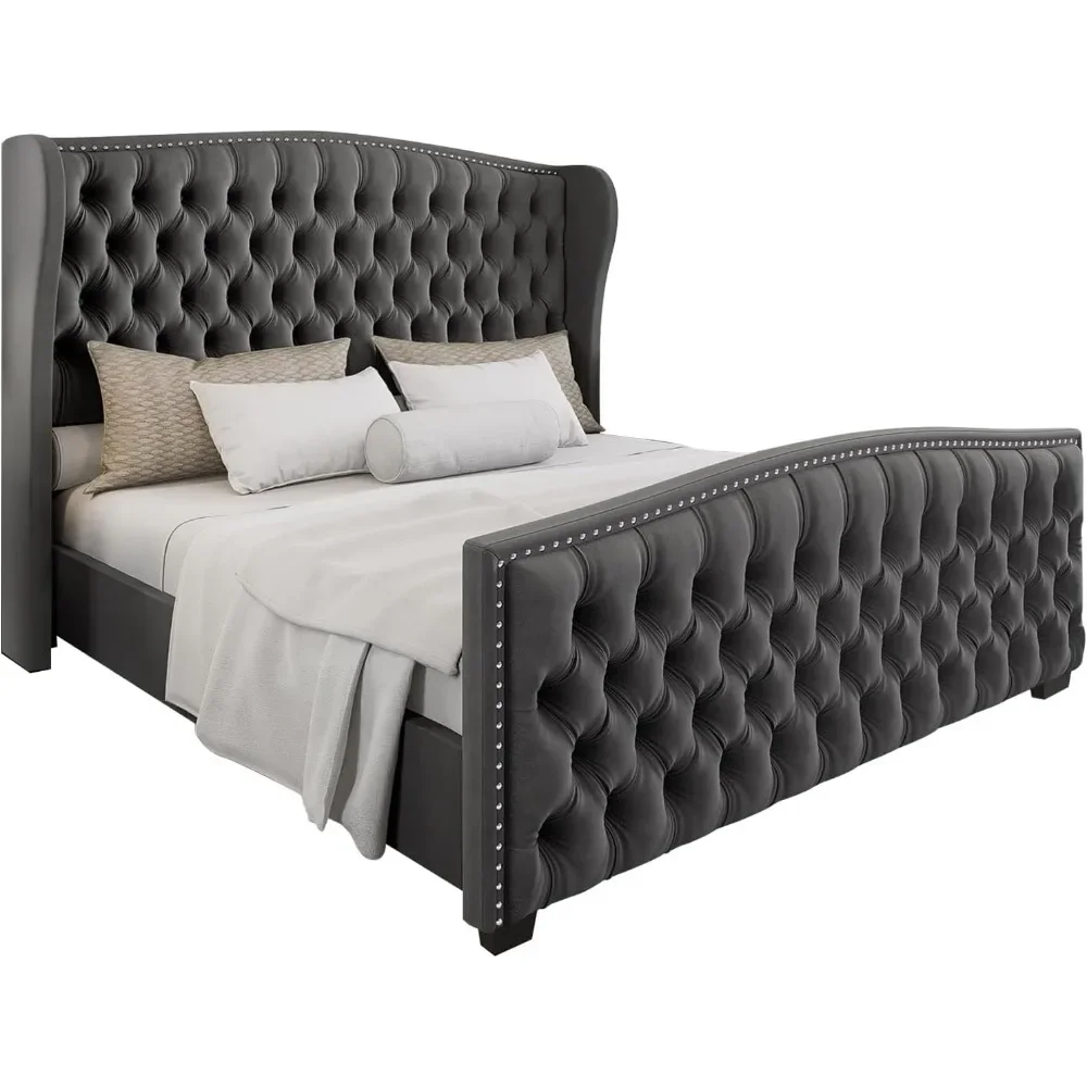 Queen velvet platform bedstead with wing back headboard, manual button quilting and nail head, wood Flat noodles support, gray