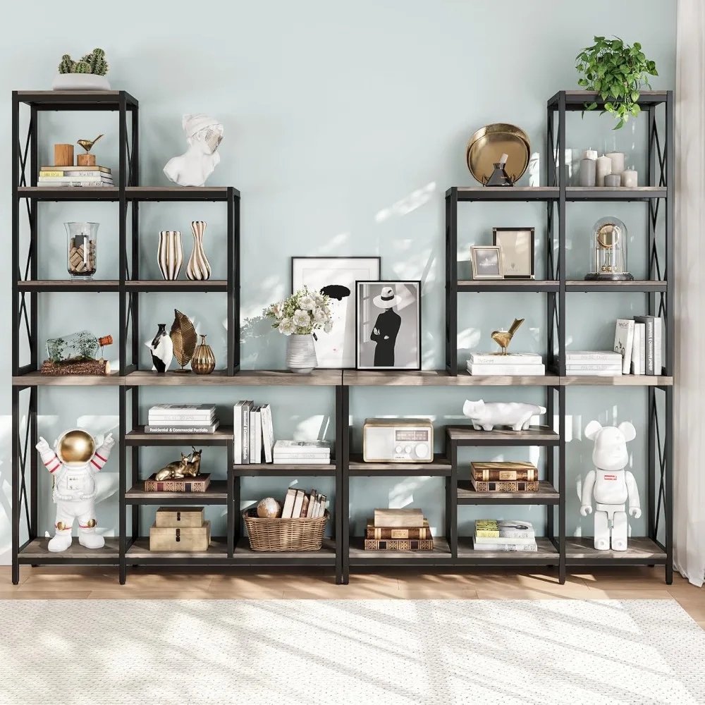 70 Inch Bookshelf 28 Storage Shelves, Set of 2 Book Shelves , Etagere Bookcases Metal Frame,110 Inch Wide Industrial Bookshelves